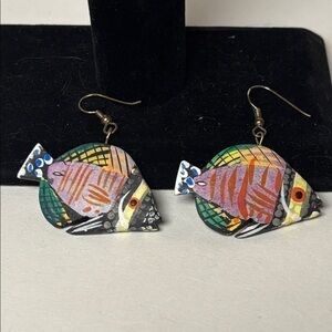 Multicolored Hand painted Wooden Colorful Fish Dangle Statement Earrings